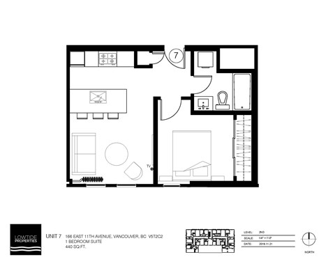 Floor plan for 1 bed, 1 bath, 437 sqft